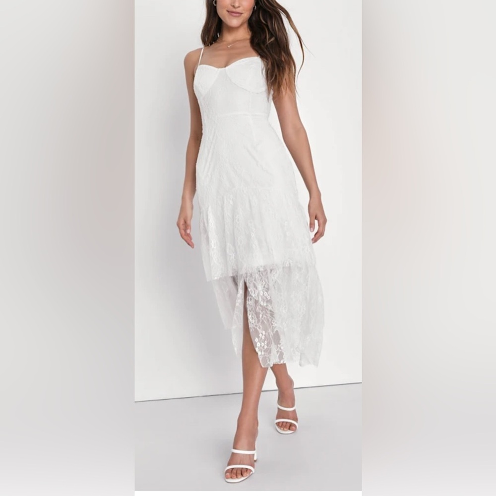 NWT Lulu’s Elaborate Love Lace Hi-Low‎ Bustier Dress in White - L
